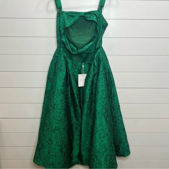 Bright Green Jacquard Midi Dress Pleated Skirt Back Bow Detail. Size Large. NWT. - Picture 6 of 15